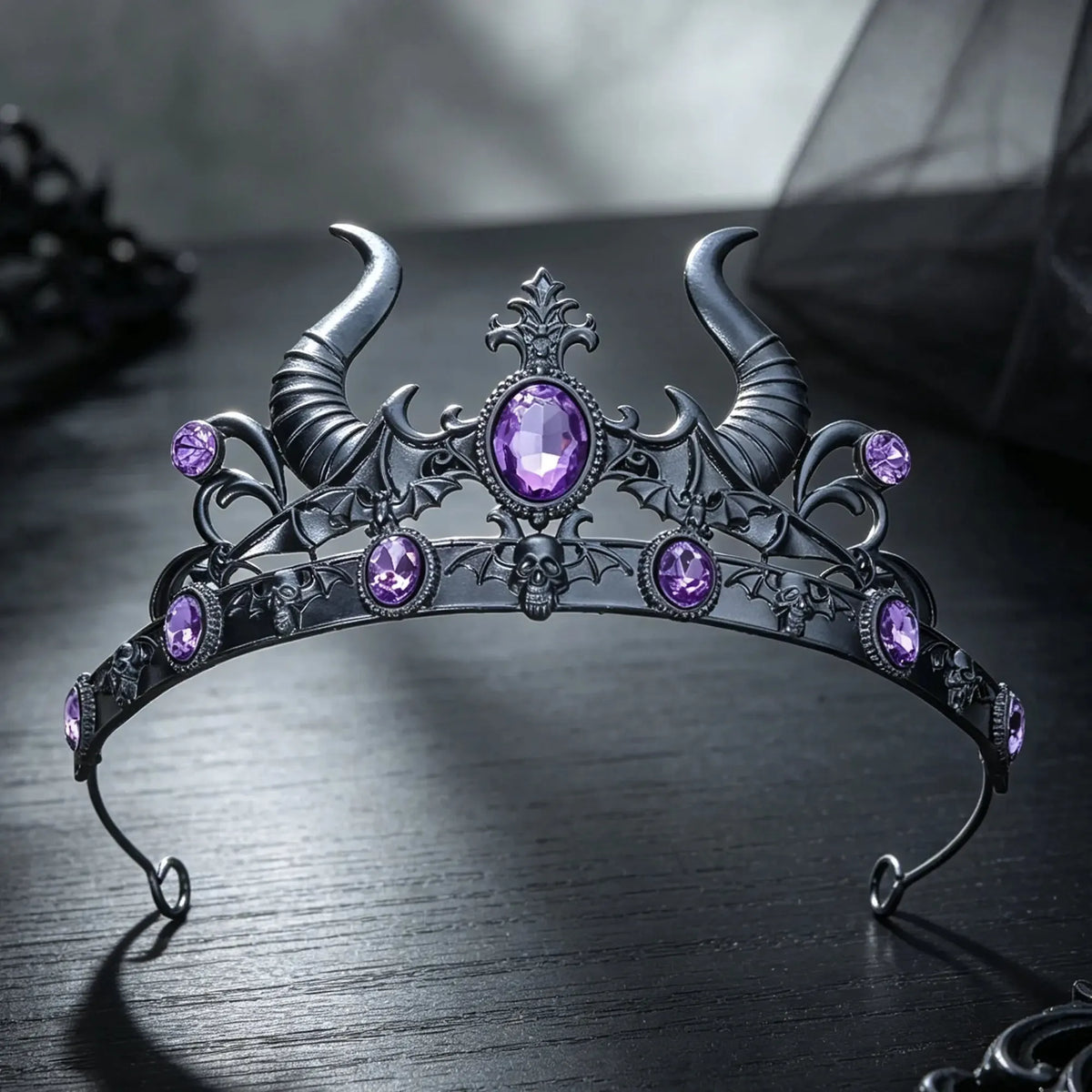 Gothic devil horn crystal tiara crown with skull and bat detail