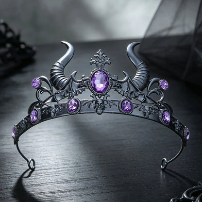 Gothic devil horn crystal tiara crown with skull and bat detail