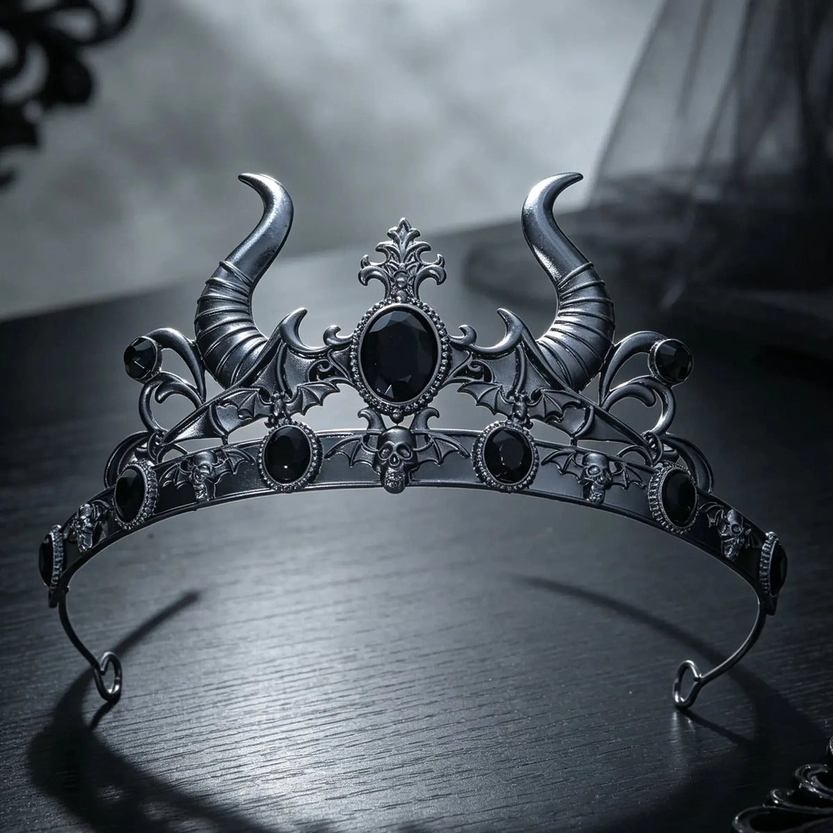 Crystal accents set into the devil horn crown band
