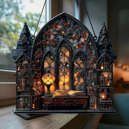 Halloween Gothic House Hanging Decor Acrylic Building Shape with Book & Lantern Design Window Pendant Art Wall Ornament for Home-MoonChildWorld