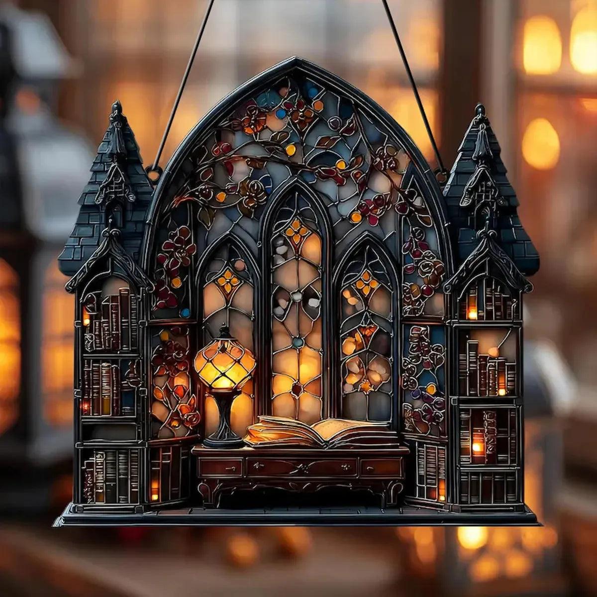 Halloween Gothic House Hanging Decor Acrylic Building Shape with Book & Lantern Design Window Pendant Art Wall Ornament for Home-MoonChildWorld