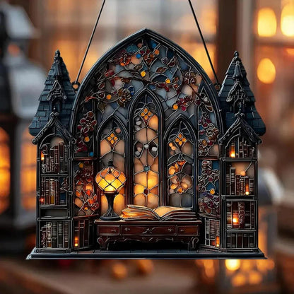 Halloween Gothic House Hanging Decor Acrylic Building Shape with Book & Lantern Design Window Pendant Art Wall Ornament for Home-MoonChildWorld