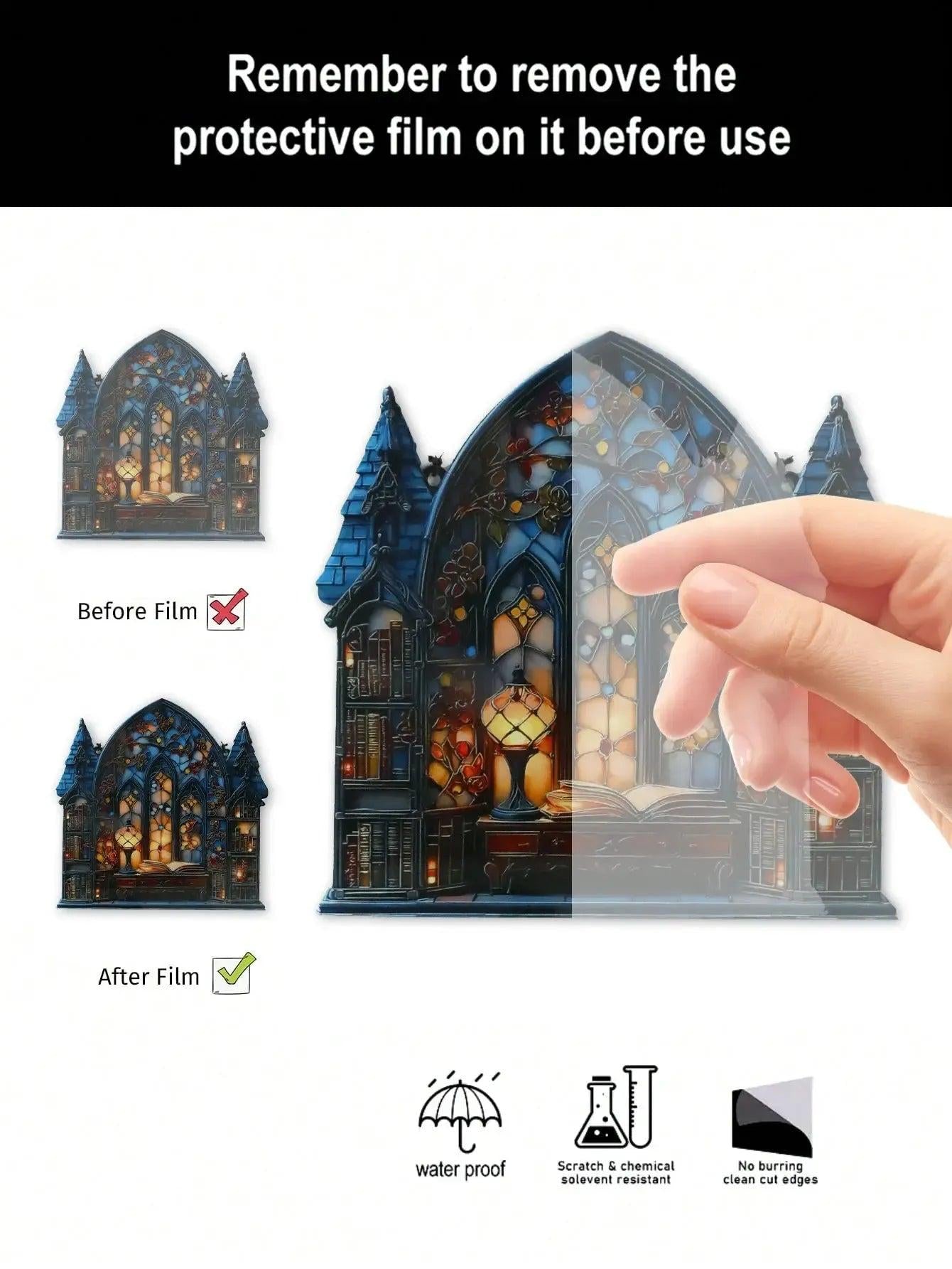 Halloween Gothic House Hanging Decor Acrylic Building Shape with Book & Lantern Design Window Pendant Art Wall Ornament for Home-MoonChildWorld
