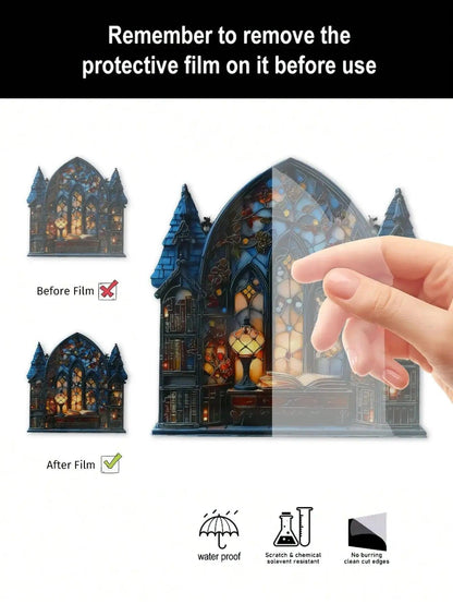 Halloween Gothic House Hanging Decor Acrylic Building Shape with Book & Lantern Design Window Pendant Art Wall Ornament for Home-MoonChildWorld