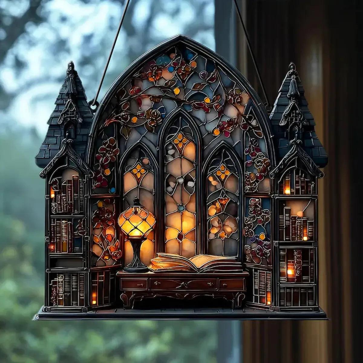 Halloween Gothic House Hanging Decor Acrylic Building Shape with Book & Lantern Design Window Pendant Art Wall Ornament for Home-MoonChildWorld