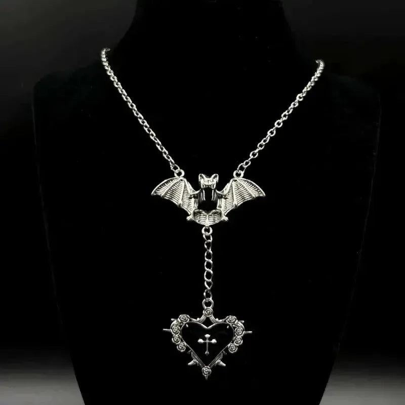 Halloween Gothic Punk Bat Thorn Heart Necklace Witch Jewelry-MoonChildWorld
