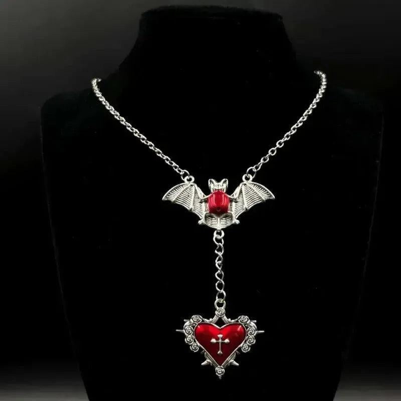 Halloween Gothic Punk Bat Thorn Heart Necklace Witch Jewelry-MoonChildWorld