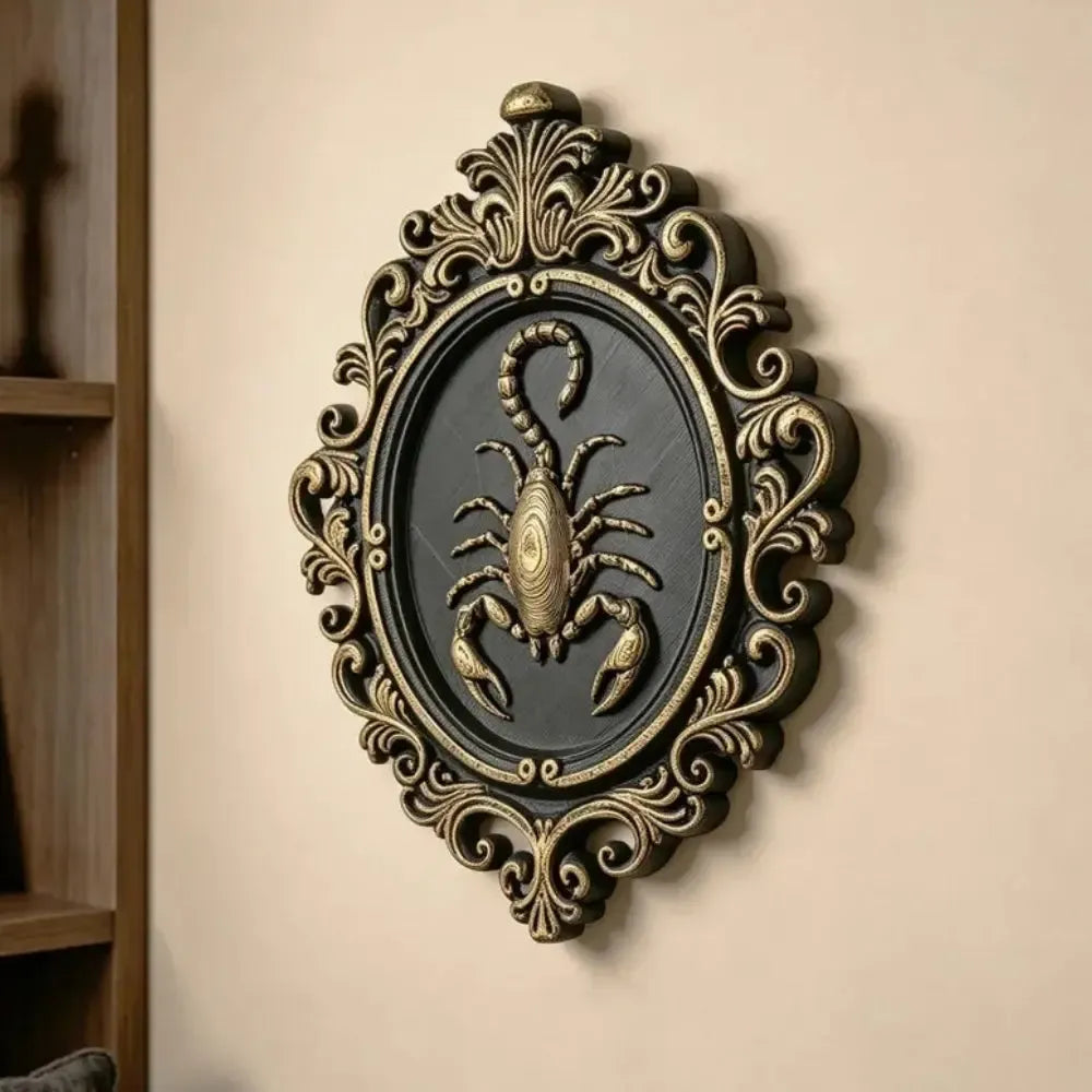 Baroque scrollwork border framing the scorpion wall art