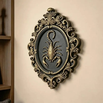 Baroque scrollwork border framing the scorpion wall art