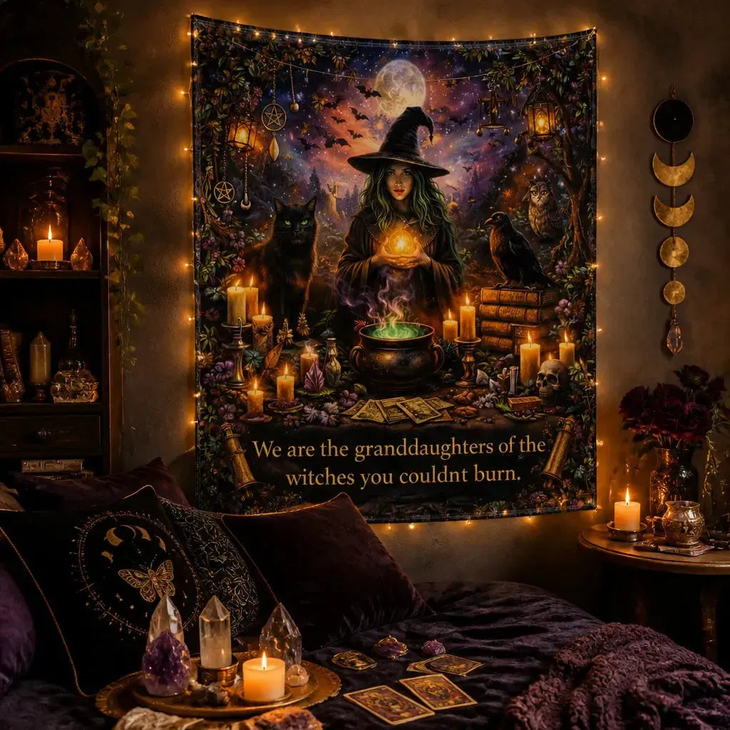 Halloween Gothic Witch Tapestry with Black Cat, Raven Witchy Wall Hanging for Wicca Samhain_mockup_1.webp