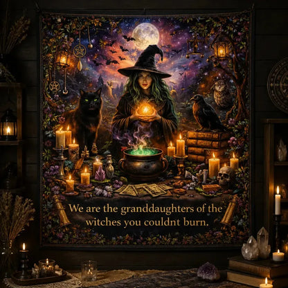 Halloween Gothic Witch Tapestry with Black Cat, Raven Witchy Wall Hanging for Wicca Samhain_mockup_2.webp