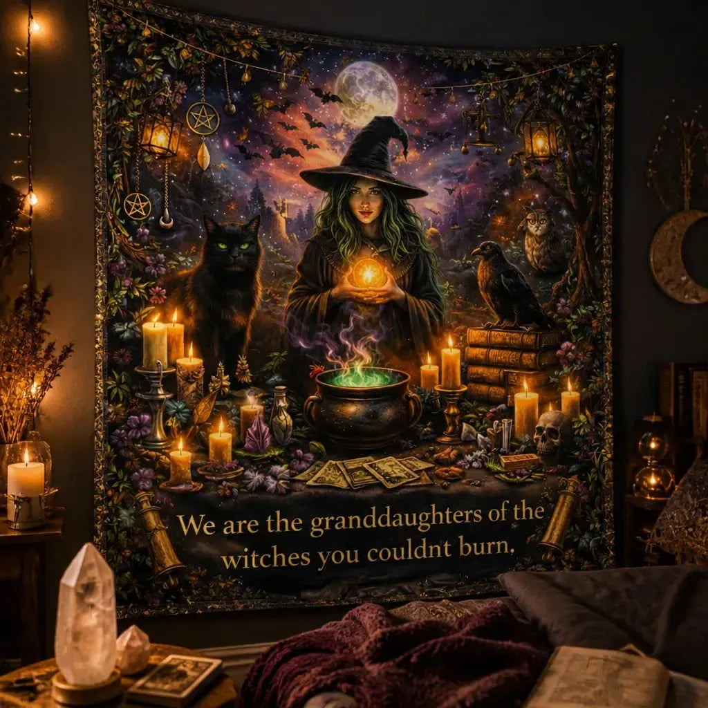 Halloween Gothic Witch Tapestry with Black Cat, Raven Witchy Wall Hanging for Wicca Samhain_mockup_3.webp