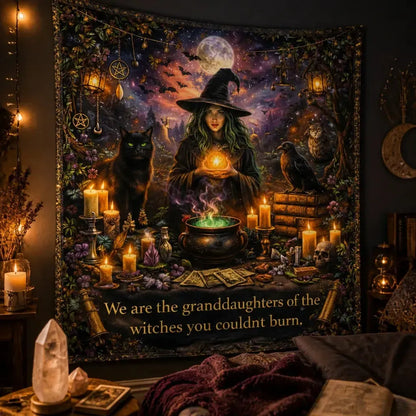 Halloween Gothic Witch Tapestry with Black Cat, Raven Witchy Wall Hanging for Wicca Samhain_mockup_3.webp
