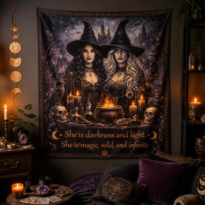 Halloween Gothic Witches Tapestry with Dark Crow, Skulls - Dark Witch Occult Wall Hanging_mockup_1.webp