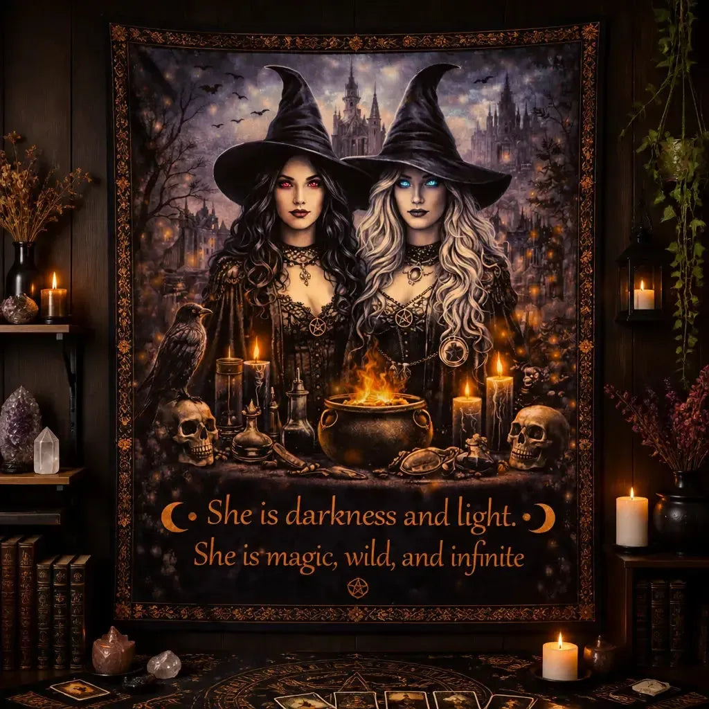 Halloween Gothic Witches Tapestry with Dark Crow, Skulls - Dark Witch Occult Wall Hanging_mockup_2.webp