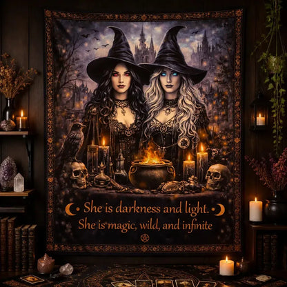Halloween Gothic Witches Tapestry with Dark Crow, Skulls - Dark Witch Occult Wall Hanging_mockup_2.webp