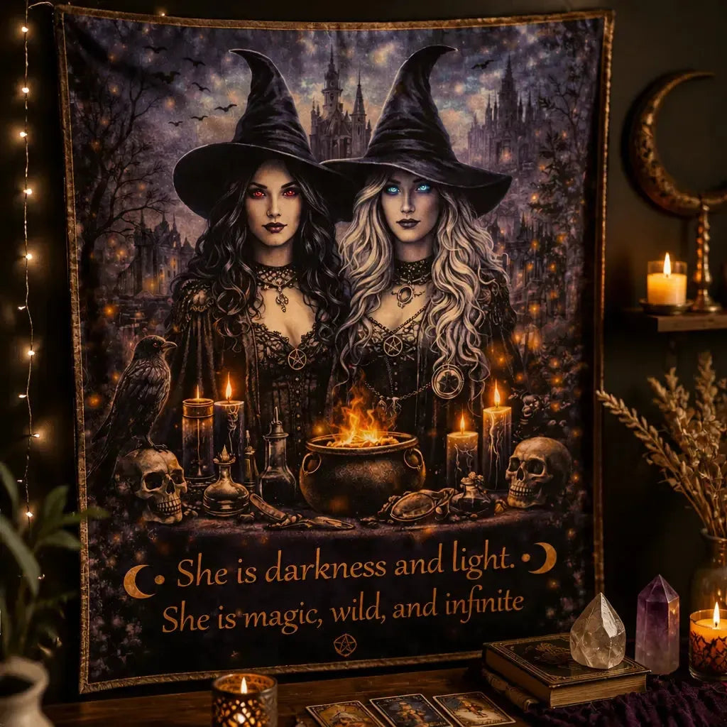 Halloween Gothic Witches Tapestry with Dark Crow, Skulls - Dark Witch Occult Wall Hanging_mockup_3.webp