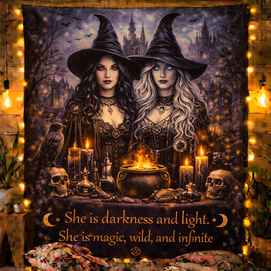 Dark gothic witches tapestry with red and blue-eyed witches, crow, skulls, cauldron, and candles.