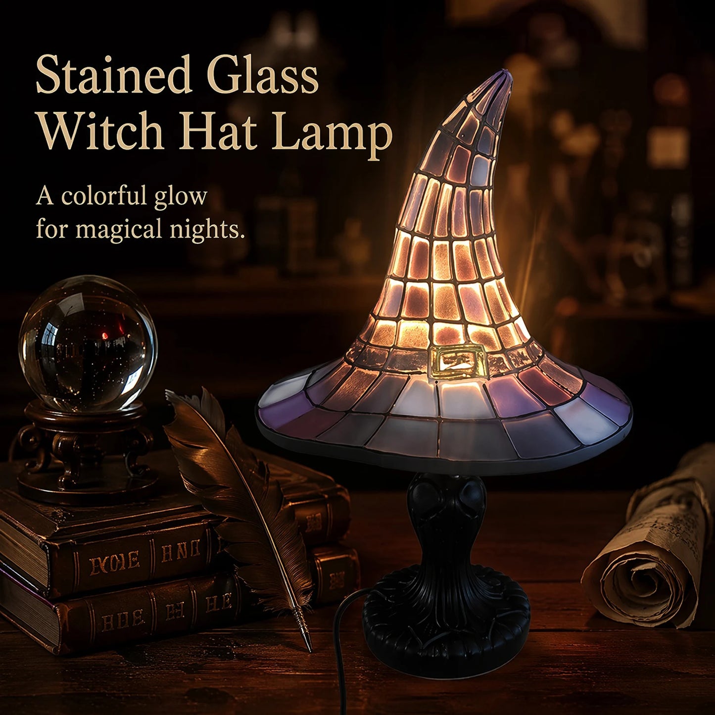 Stained glass witch hat night light lamp glowing with crystal ball and books