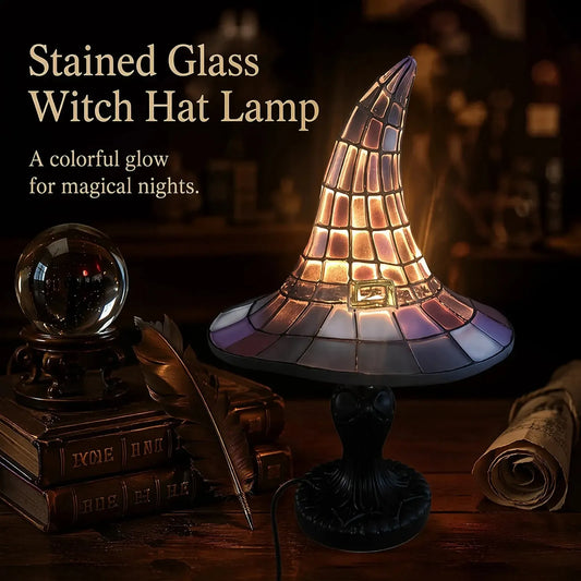 Stained glass witch hat night light lamp glowing with crystal ball and books