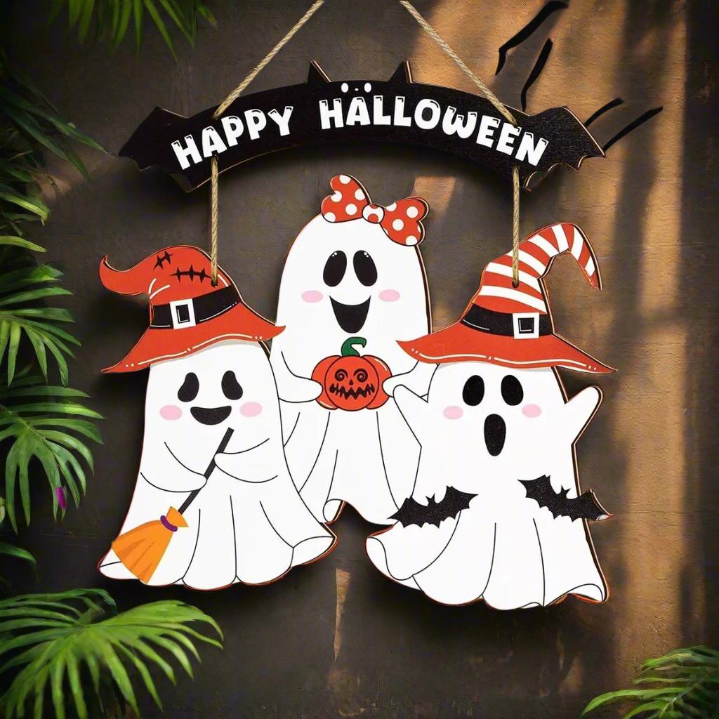 Halloween Hanging Decoration - Adorable Ghosts Welcome Sign - Witchy Wooden Sign for Witch Home Decor-MoonChildWorld