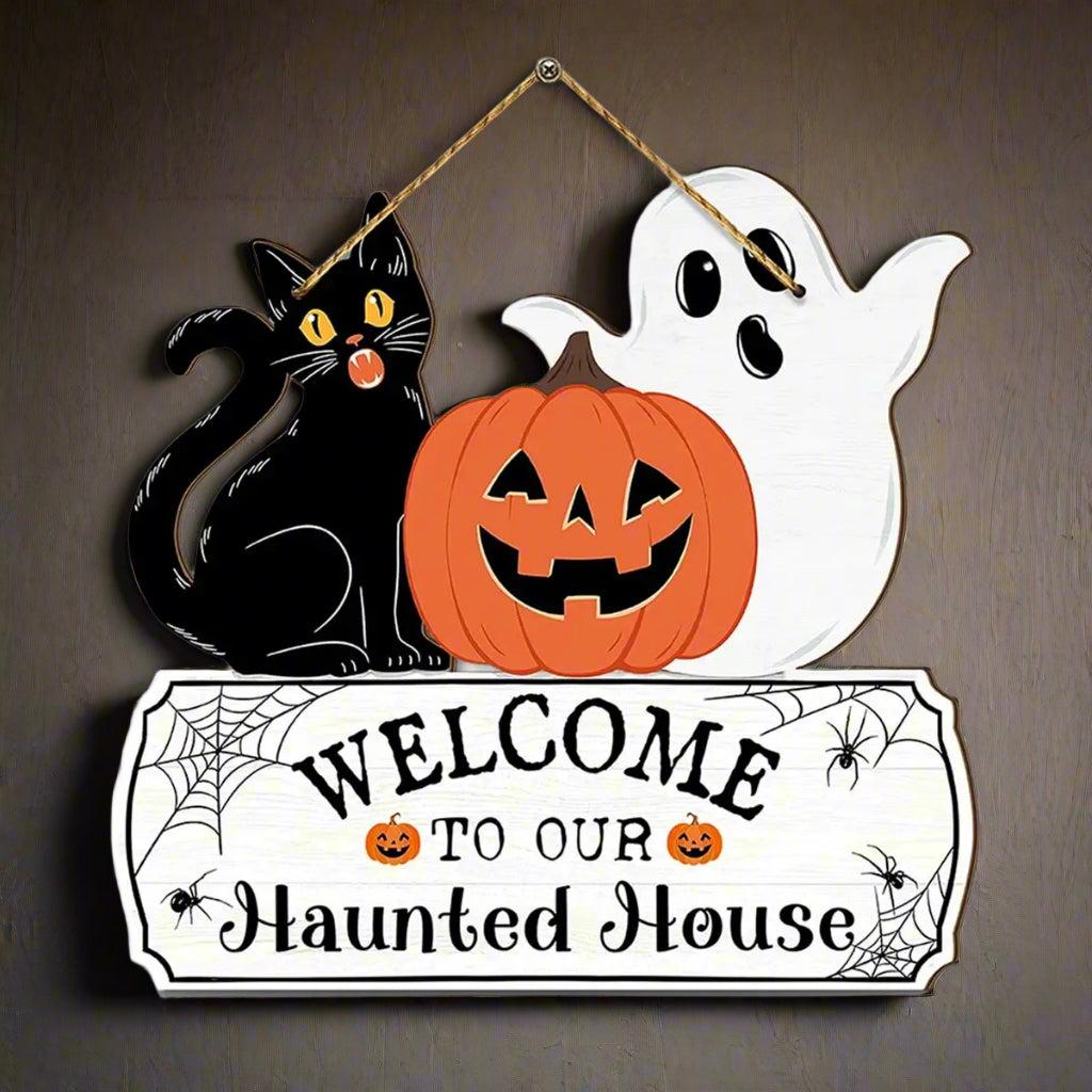 Halloween Hanging Decoration - Black Cat Pumpkin and Ghost Welcome Sign - Witchy Wooden Sign for Gothic Home Decor-MoonChildWorld