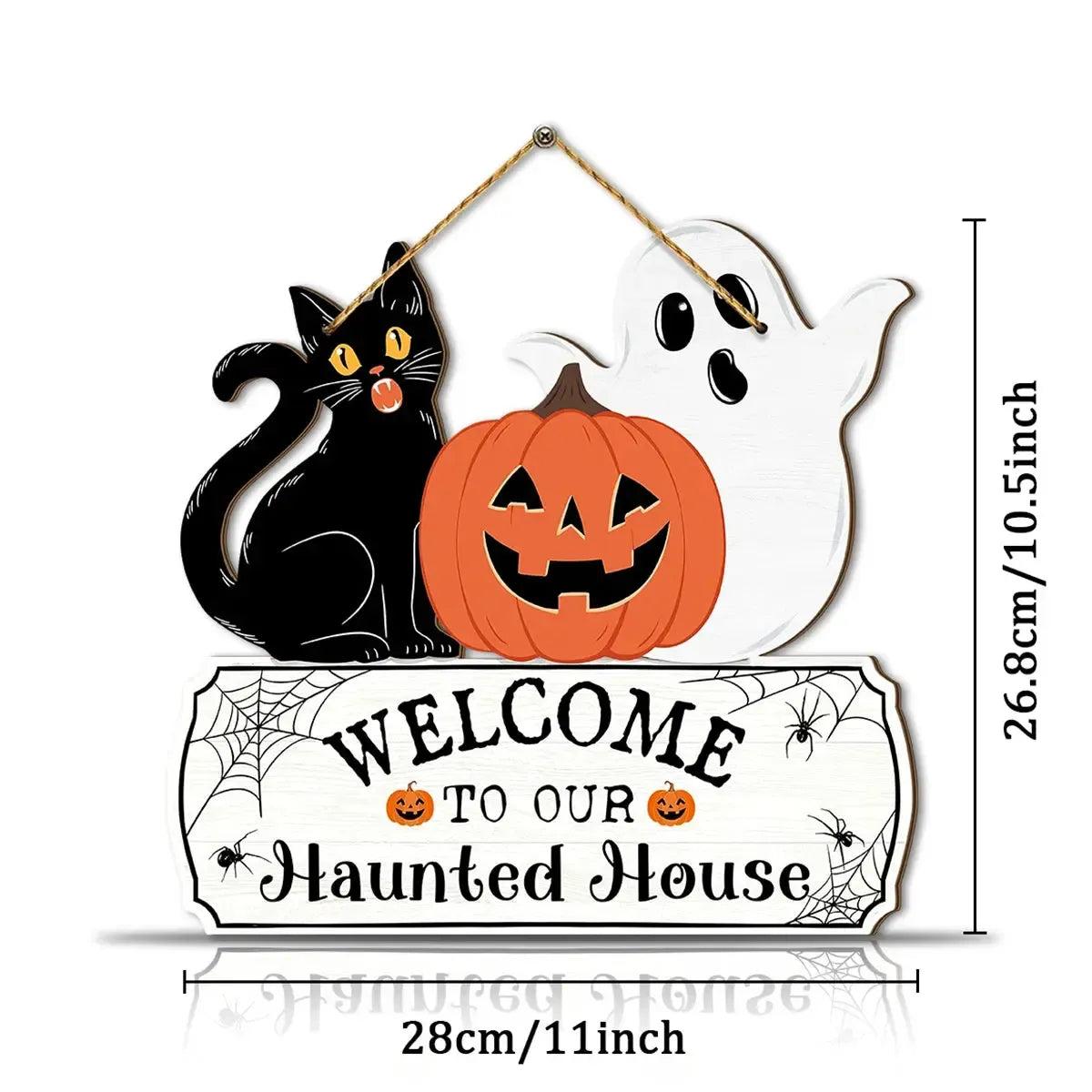 Halloween Hanging Decoration - Black Cat Pumpkin and Ghost Welcome Sign - Witchy Wooden Sign for Gothic Home Decor-MoonChildWorld