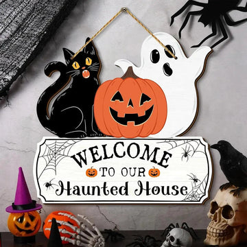 Halloween Hanging Decoration - Black Cat Pumpkin and Ghost Welcome Sign - Witchy Wooden Sign for Gothic Home Decor-MoonChildWorld