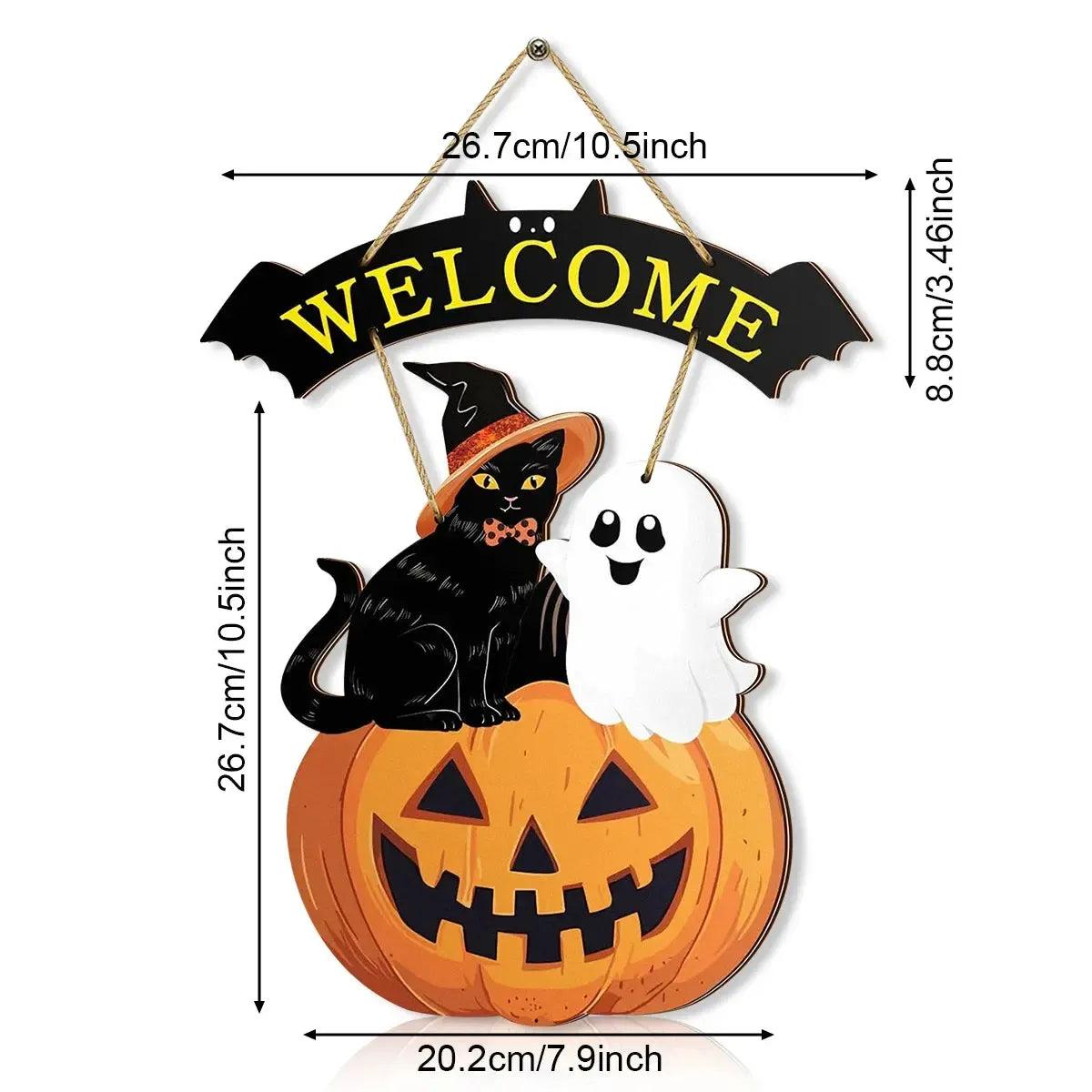 Halloween Hanging Decoration - Black Cat and Ghost Spooky Welcome Sign - Halloween Wooden Sign for Witch Home Decor-MoonChildWorld