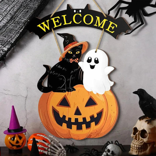 Halloween Hanging Decoration - Black Cat and Ghost Spooky Welcome Sign - Halloween Wooden Sign for Witch Home Decor-MoonChildWorld