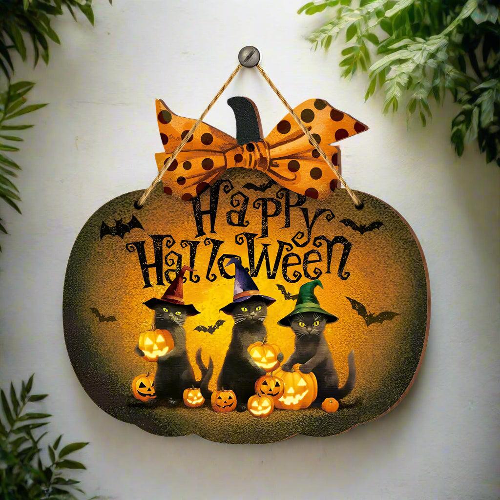 Halloween Hanging Decoration - Black Cat and Pumpkin Welcome Sign - Witchy Wooden Sign for Gothic Home Decor-MoonChildWorld