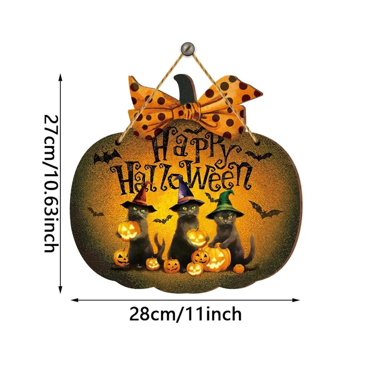 Halloween Hanging Decoration - Black Cat and Pumpkin Welcome Sign - Witchy Wooden Sign for Gothic Home Decor-MoonChildWorld