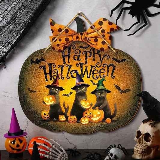 Halloween Hanging Decoration - Black Cat and Pumpkin Welcome Sign - Witchy Wooden Sign for Gothic Home Decor-MoonChildWorld