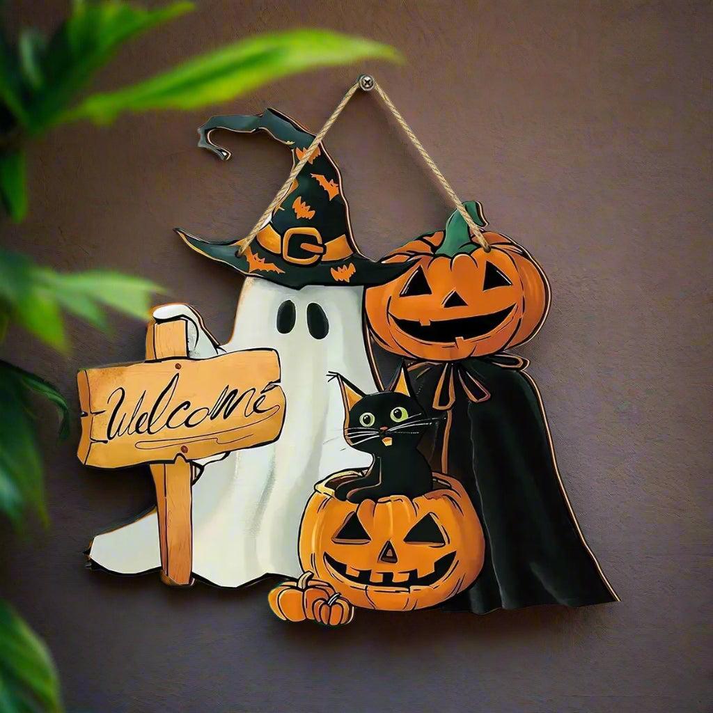 Halloween Hanging Decoration - Ghost, Pumpkin, Black Cat Welcome Sign - Witchy Wooden Sign for Gothic Home Decor-MoonChildWorld