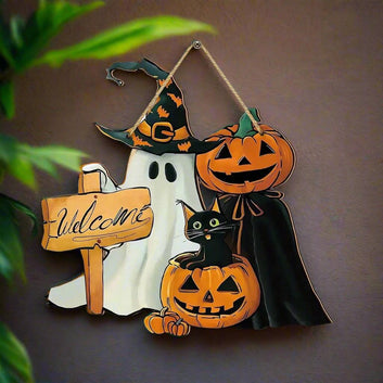 Halloween Hanging Decoration - Ghost, Pumpkin, Black Cat Welcome Sign - Witchy Wooden Sign for Gothic Home Decor-MoonChildWorld