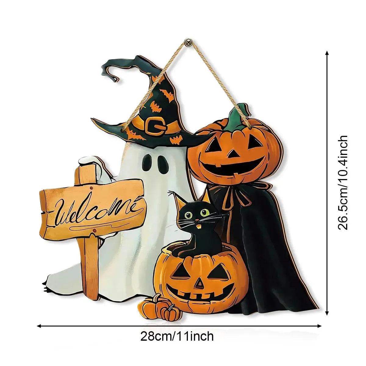 Halloween Hanging Decoration - Ghost, Pumpkin, Black Cat Welcome Sign - Witchy Wooden Sign for Gothic Home Decor-MoonChildWorld