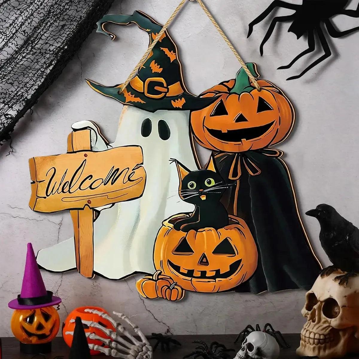 Halloween Hanging Decoration - Ghost, Pumpkin, Black Cat Welcome Sign - Witchy Wooden Sign for Gothic Home Decor-MoonChildWorld