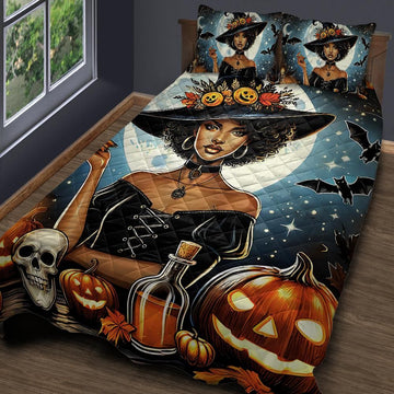 Halloween Moon Witch Quilt Bedding Set for Witchcraft Home Decor-MoonChildWorld