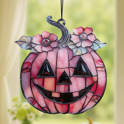 Halloween Pink Pumpkin Hanging Ornament Acrylic Sun Catcher with Floral Decor Bedroom Living Room Window Pendant Wall Decor Gift-MoonChildWorld