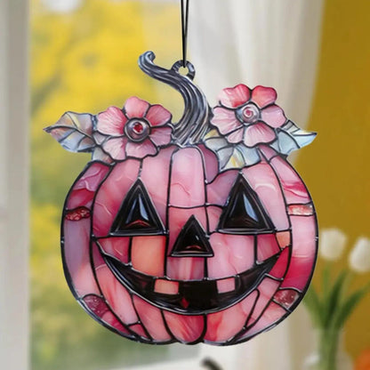 Halloween Pink Pumpkin Hanging Ornament Acrylic Sun Catcher with Floral Decor Bedroom Living Room Window Pendant Wall Decor Gift-MoonChildWorld