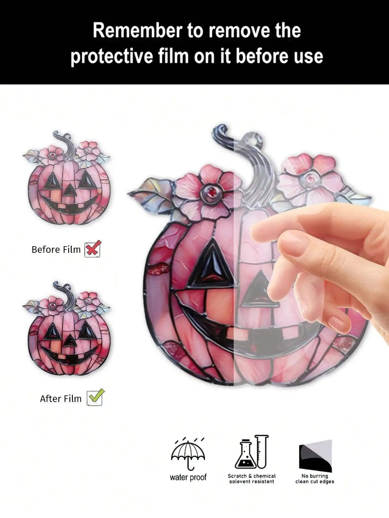 Halloween Pink Pumpkin Hanging Ornament Acrylic Sun Catcher with Floral Decor Bedroom Living Room Window Pendant Wall Decor Gift-MoonChildWorld