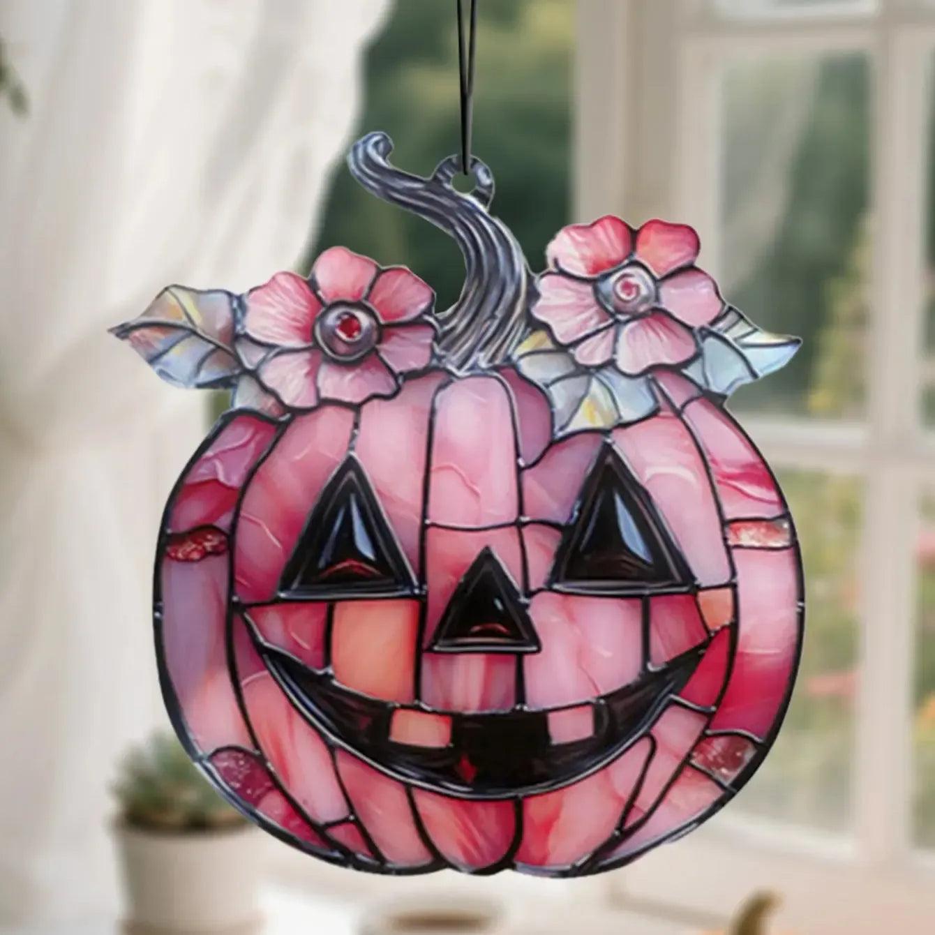 Halloween Pink Pumpkin Hanging Ornament Acrylic Sun Catcher with Floral Decor Bedroom Living Room Window Pendant Wall Decor Gift-MoonChildWorld