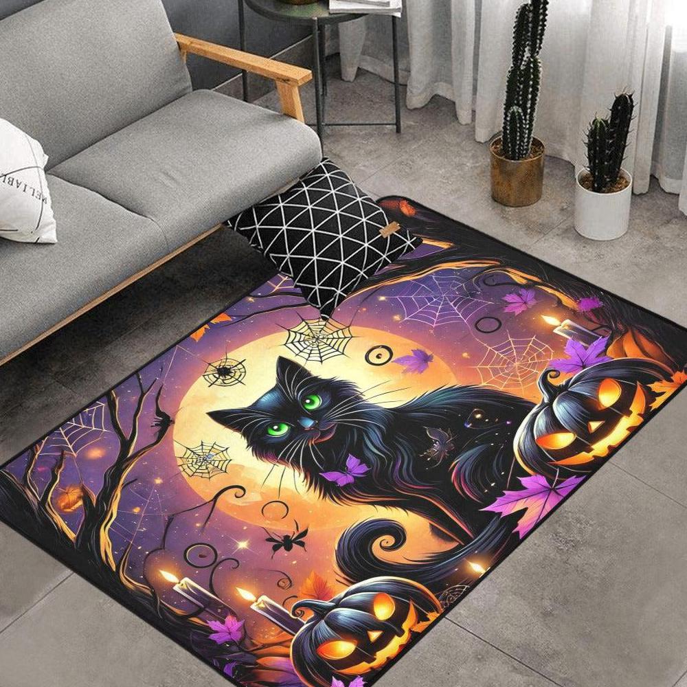 Halloween Pumpkin Black Cat Area Rug Spooky Carpet Witchy Rug-MoonChildWorld