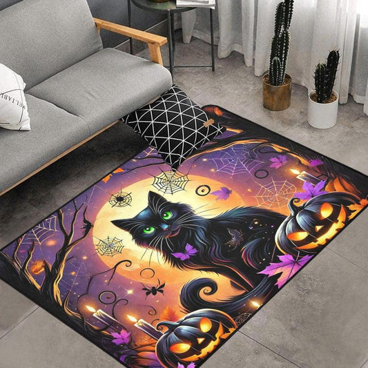 Halloween Pumpkin Black Cat Area Rug Spooky Carpet Witchy Rug