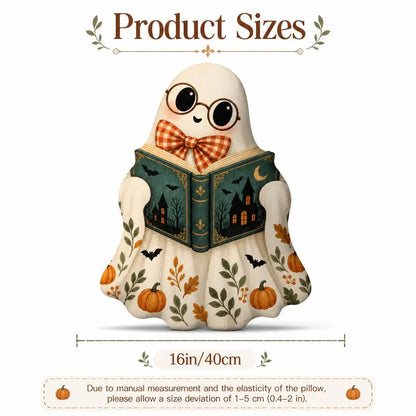Size guide showing 16 inch / 40 cm: decorative plush pillow featuring reading ghost illustration