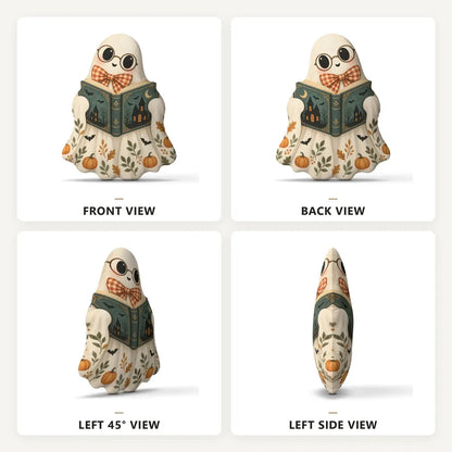 Front, back and side views: decorative plush pillow featuring reading ghost illustration