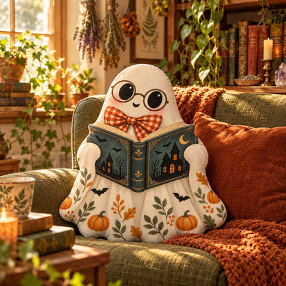 Halloween Reading Ghost Plush Pillow in a witchy reading room