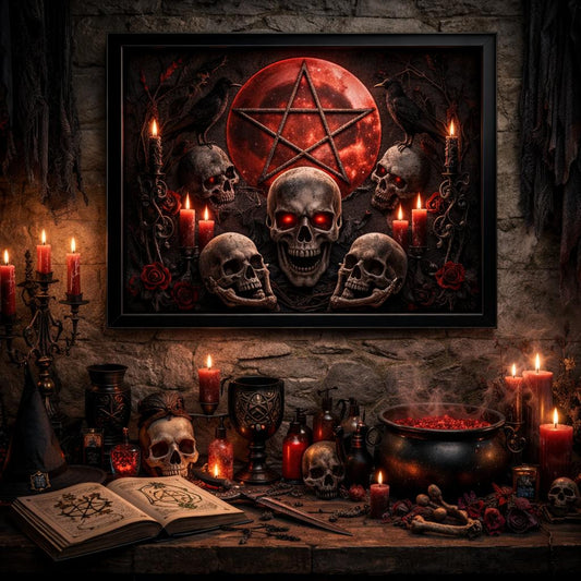 Halloween Skull Witchcraft Pentagram Canvas Wall Art - Witchy Black Framed Print for Gothic Home Decor-MoonChildWorld