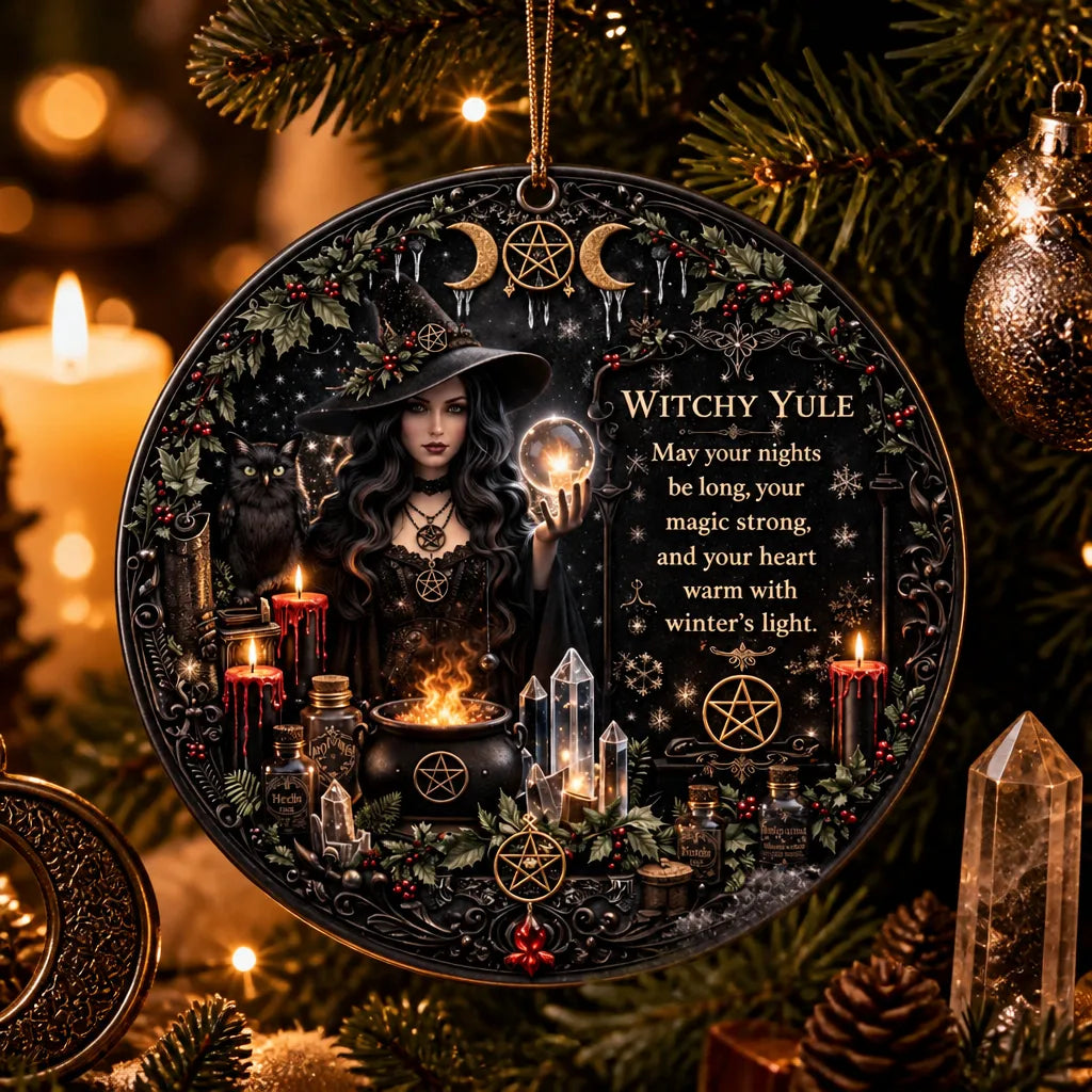 Halloween Style Yule Witch Ceramic Ornament – Gothic Christmas Tree Decor Dark Christmas Ornament_mockup_1.webp