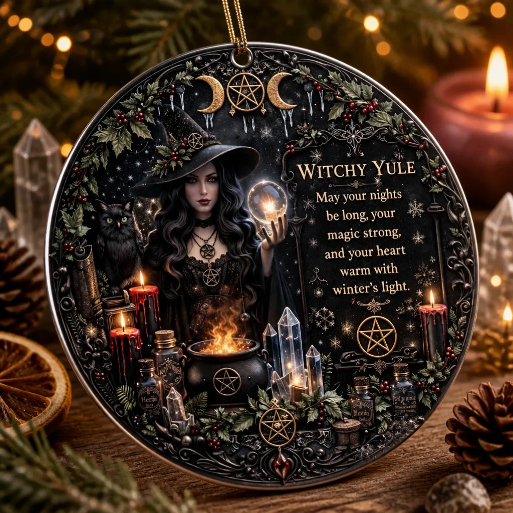 Halloween Style Yule Witch Ceramic Ornament – Gothic Christmas Tree Decor Dark Christmas Ornament_mockup_2.webp